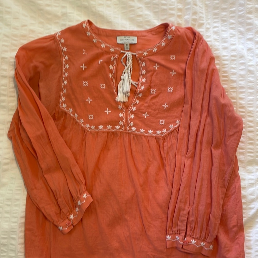 Lucky Brand Coral Embroidered Peasant Top